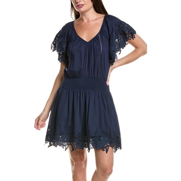 Ramy Brook Jacy Dress XL Navy Blue Lace Trim V Neck Short Sleeve‎ Mini